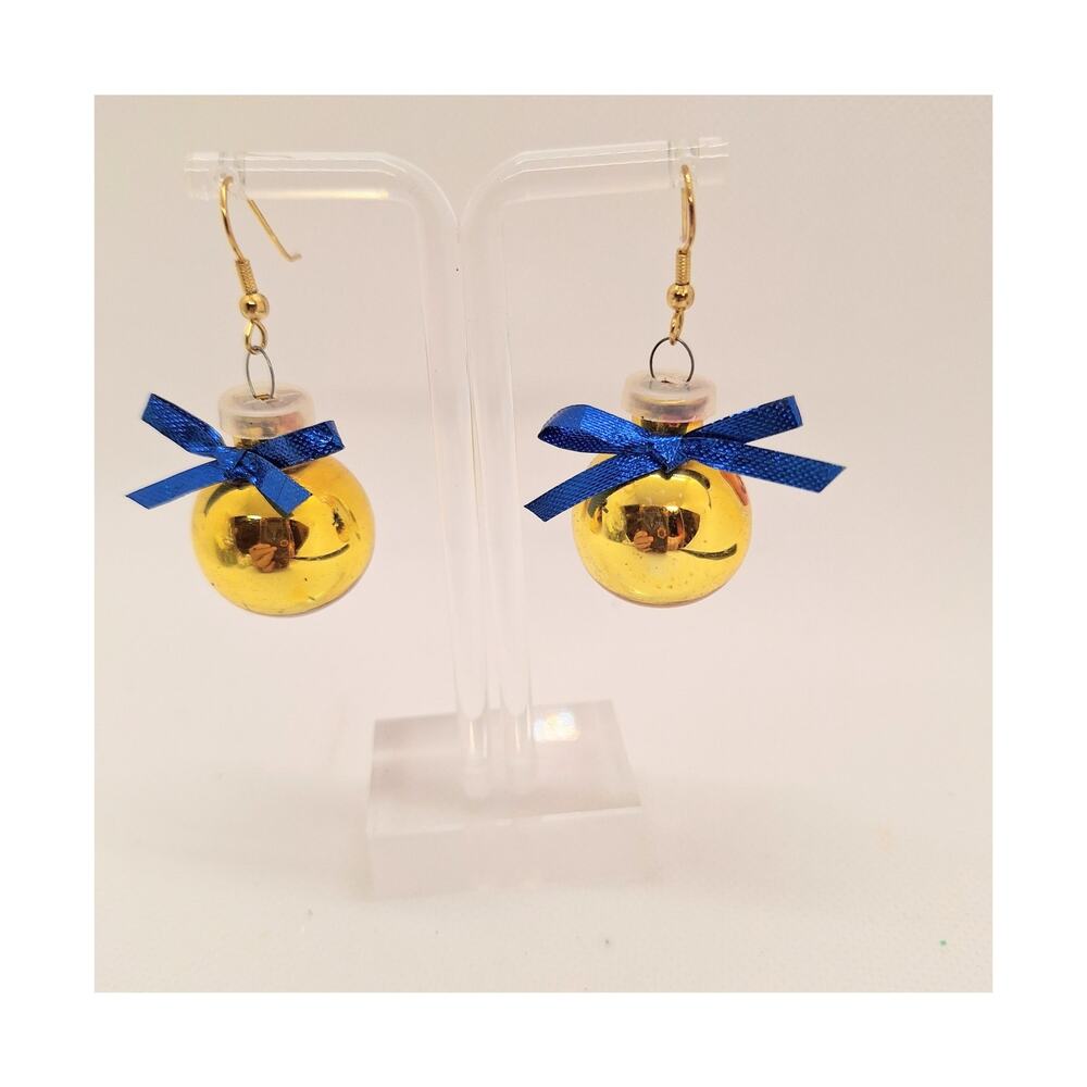 Christmas Ornament Earrings Gold Ball Blue Bow